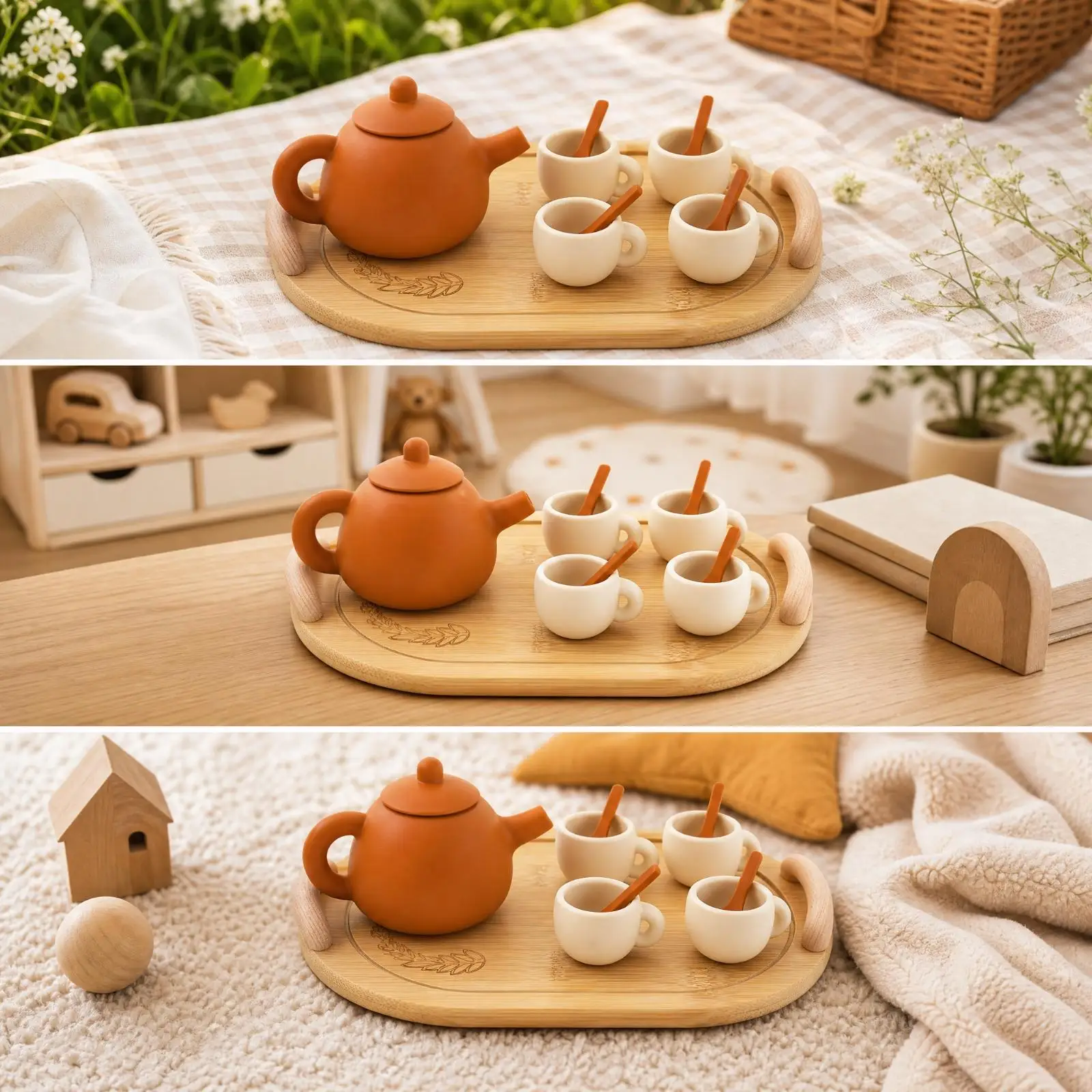 Mini Tea Set for Kids Wooden Silicone Teapot Cups Spoons Play Kitchen Accessory for Toddlers Tea Party Pretend Games Educational