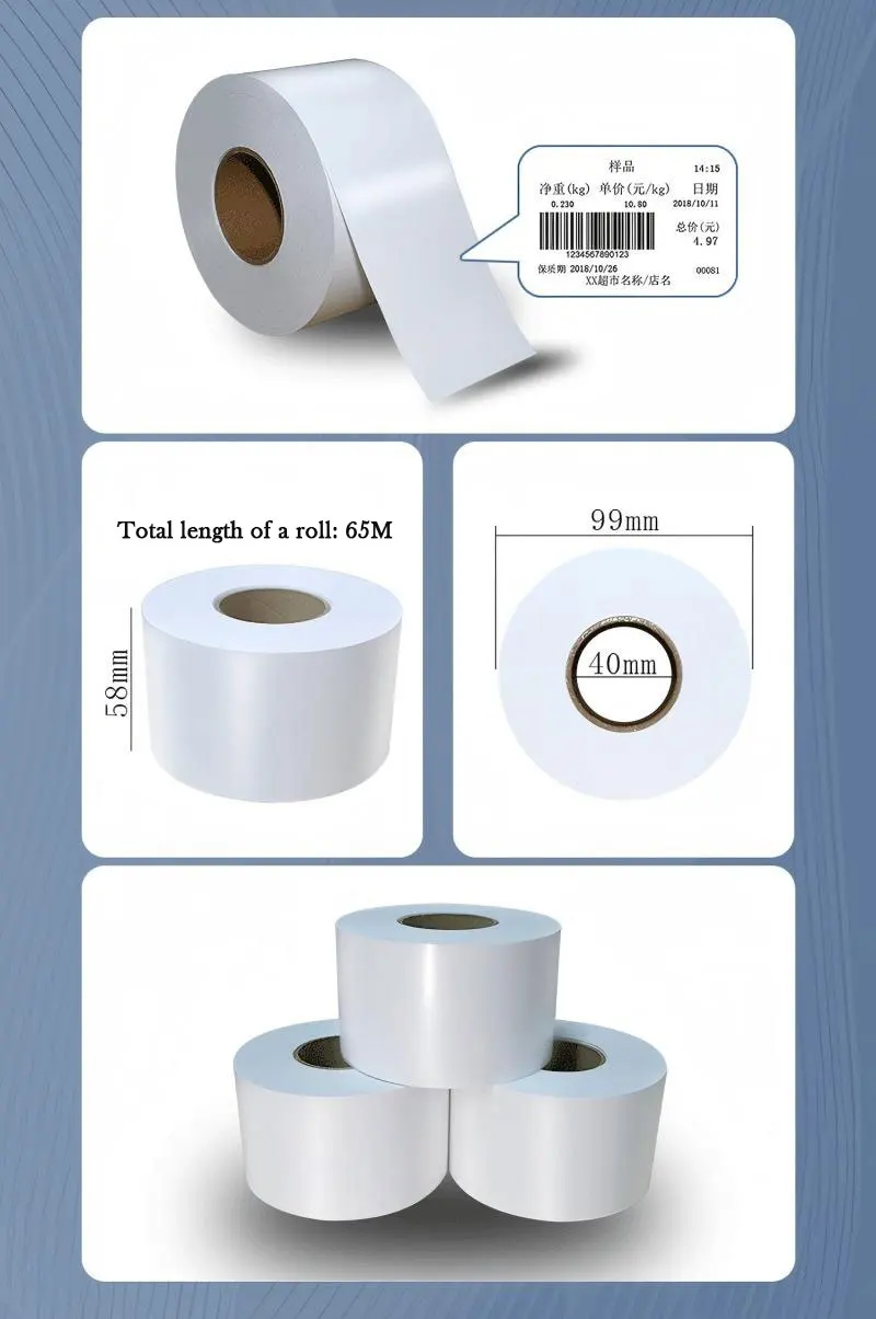 58 mm 65 m thermische Linerless-Etiketten, selbstklebende Linerless-Papieretiketten für DIGI SM120 Skala SM-120