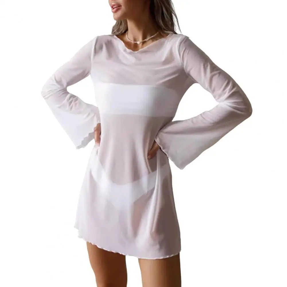 Abito dal taglio ampio Costume da bagno da donna in rete trasparente Copricostume da spiaggia con maniche lunghe a campana Abito da vacanza estivo per bikini a bordo piscina