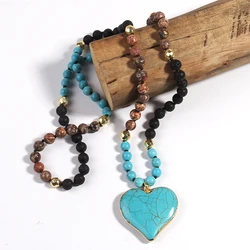 Fashion Bohemian Jewelry Accessory 8mm Blue Stones Knotted With Stone Heart Pendant Necklaces For Women Boho Necklace