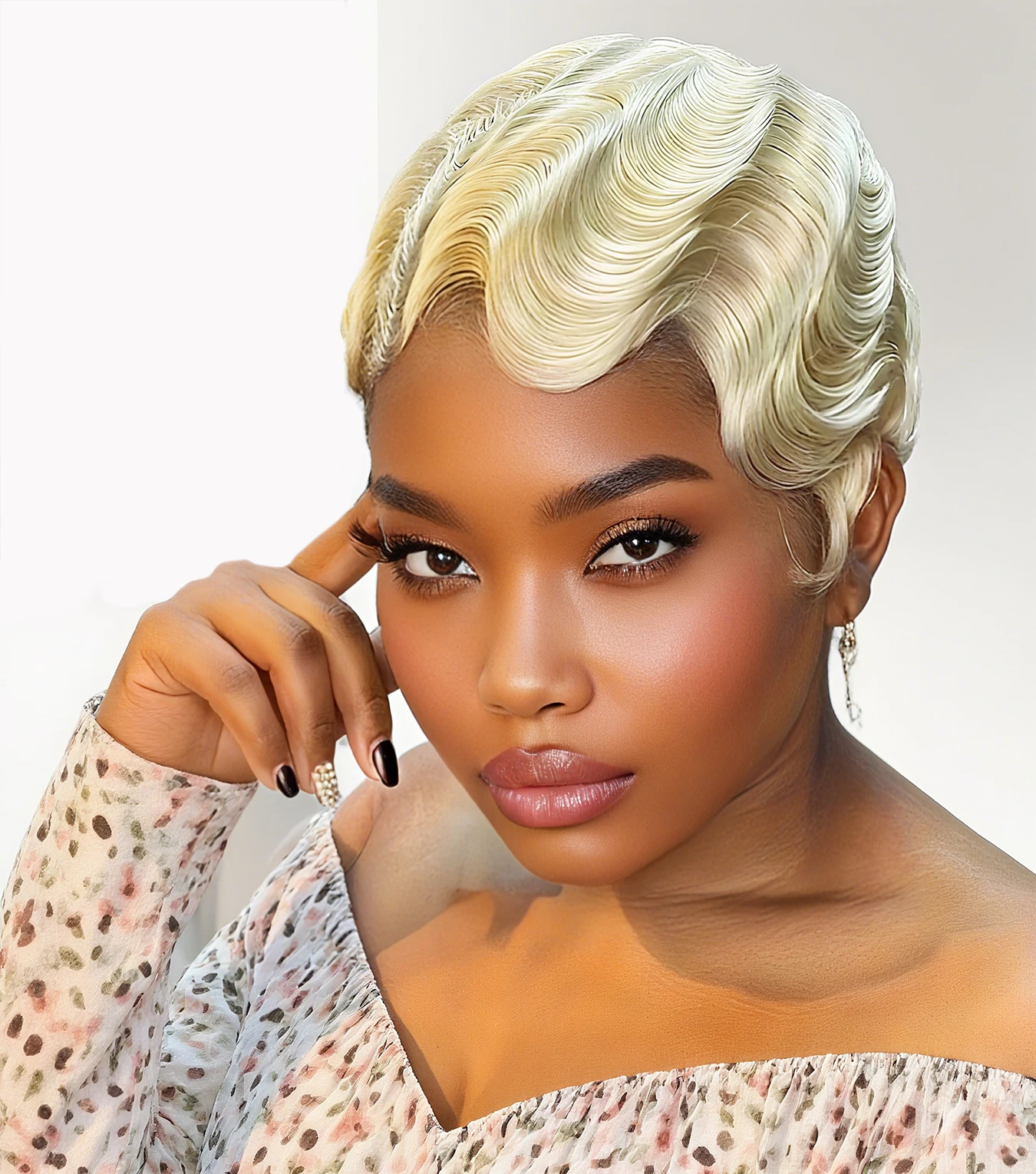 Short Pixie Cut Wigs Colored 613# For Women Human Hair Wigs Finger Ocean Wave Wig Full Machine Made Halloween Party