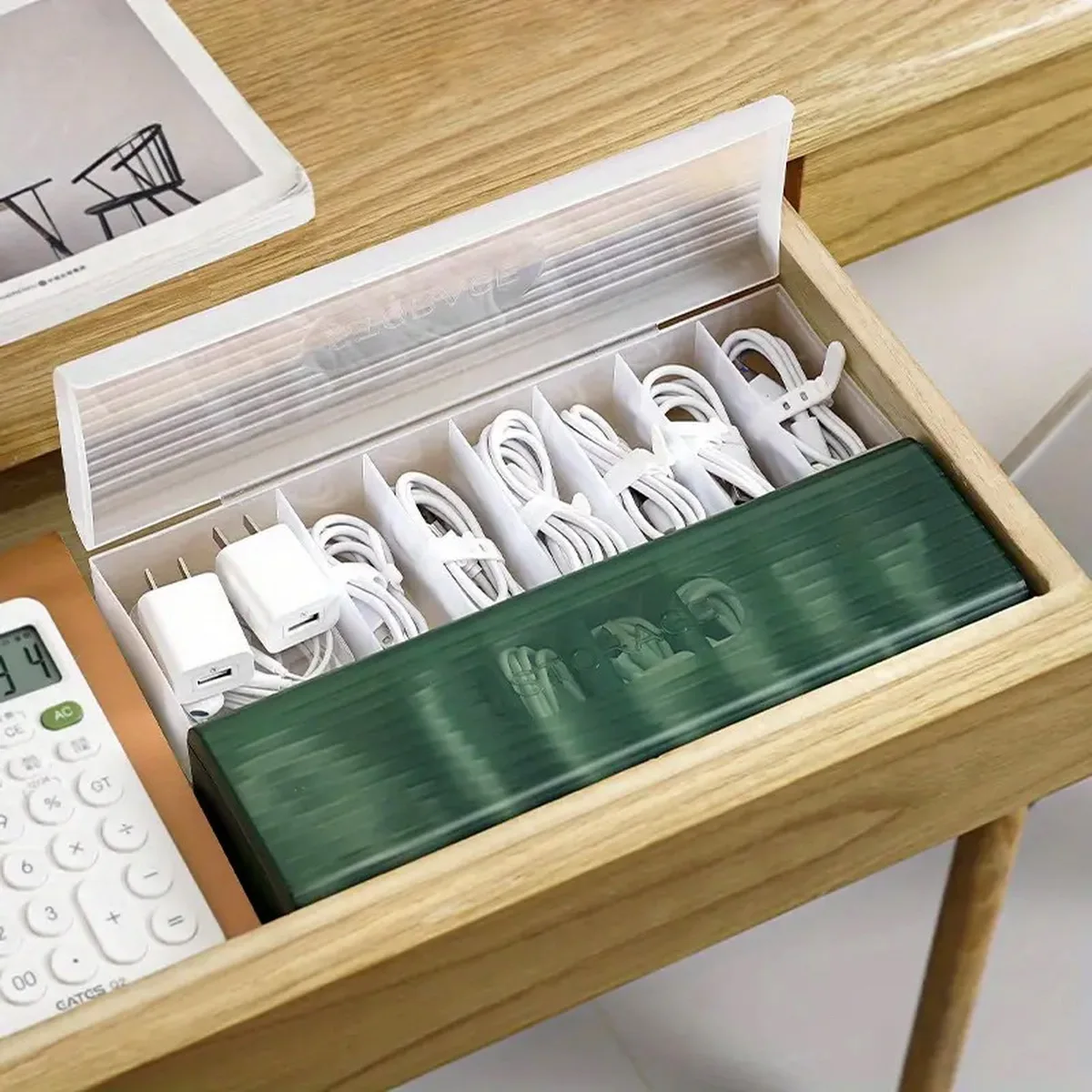 Desktop Cable Organizer Box with Lid for Neat Charging Cable Winder Mobile Phone & Data Cable Storage Solution