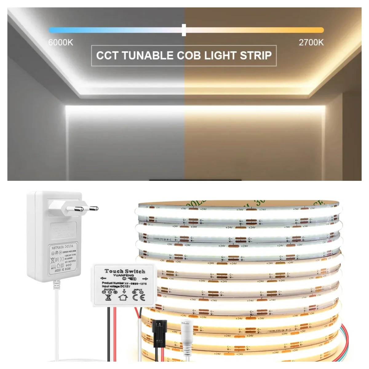 

5M Smart CCT 2700K-6500K Dimmable COB LED Strip Light 608LEDs/M With Touch Sensor Switch DIY Cuttable For Makeup Mirror Bathroom