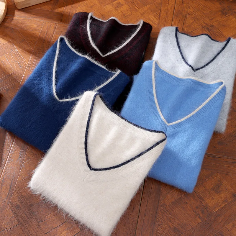 جديد الخريف/الشتاء سترة صوفية للرجال 100% المنك الكشمير الخامس الرقبة البلوز سترة ، فضفاض المتضخم محبوك قاعدة ، سترة دافئة