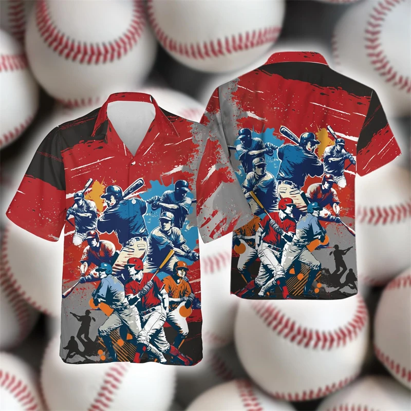 

Fashion Baseball Sport Graphic Short Sleeve Short Sleeve Home Run Contest Club Lapel Blouse Ball Team Button Tops Male Shirt