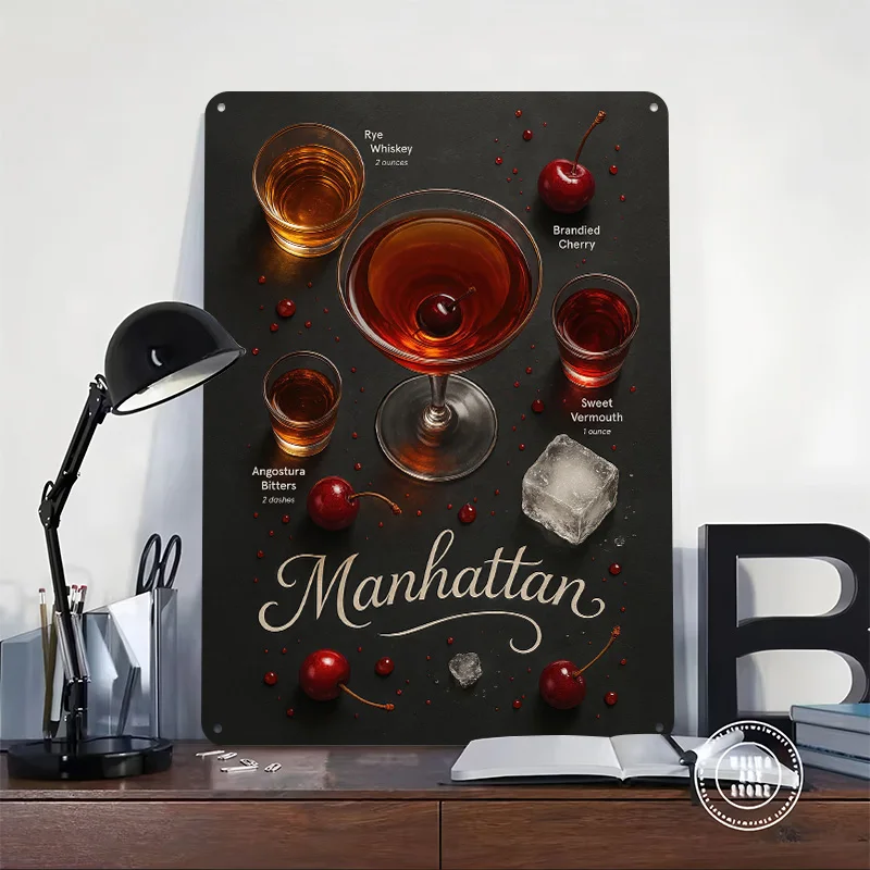 Manhattan Cocktail – Whiskey and Cherry Metal Poster Perfect Gift for Fans Lovers Customized Wall Art Metal Sign for Funny Signs