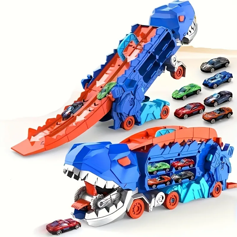 Dinosaur Transporter Truck Toys Foldable Track Alloy Transforming Christmas Decorations with Alloy Car Toy Gift for Kids Toddle