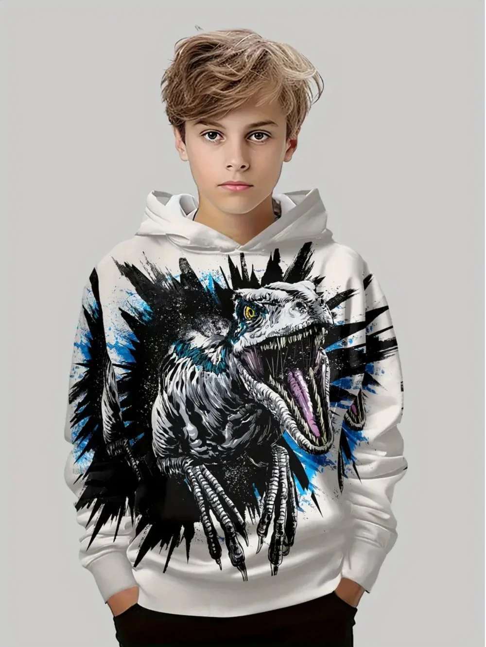 Bluzy chłopięce z kapturem, z nadrukiem dinozaura 3D, jesienne bluzy z długim rękawem, pulowery, ubrania dla niemowląt, bluza, odzież dziecięca na co dzień, do noszenia na zewnątrz.