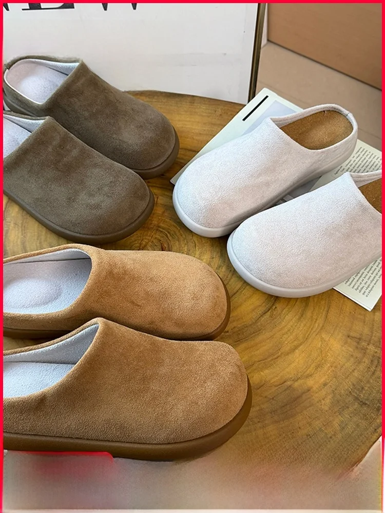 

Casual Korka Slippers for Women Rubber Bottom Faux Suede Slip-On Half Slippers Spring Summer Fashion round Toe Low Heel