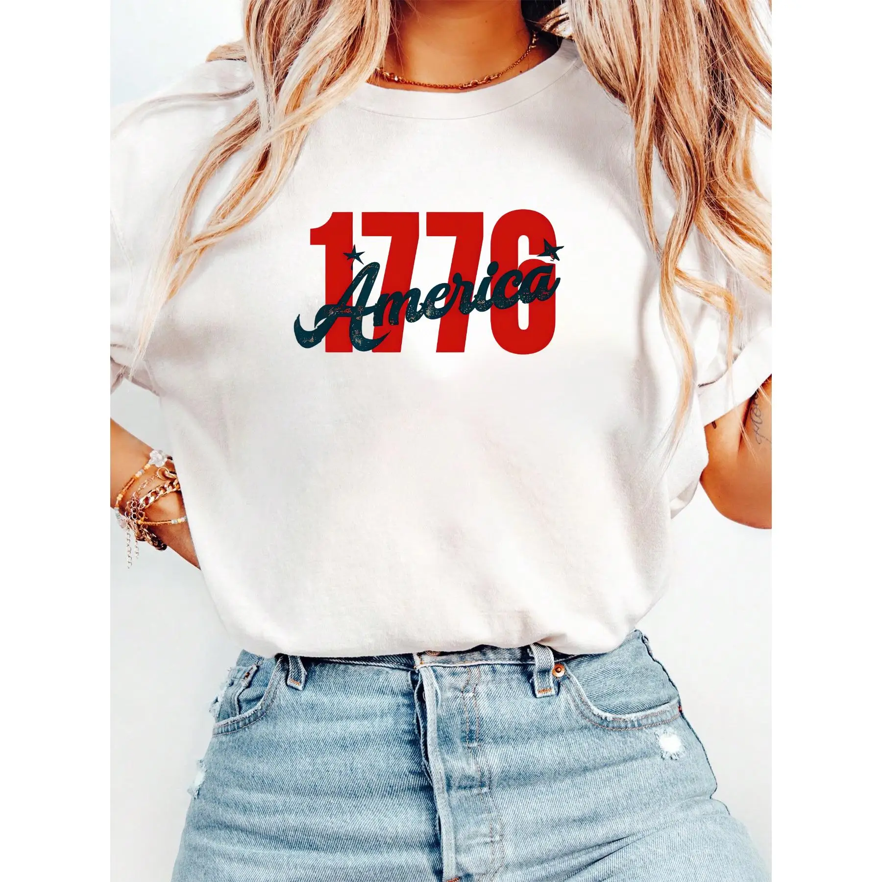 

USA 1776 America Graphic T-shirt Women's Casual Tops Patriotic Flag Print Tee American Independence Day Gift