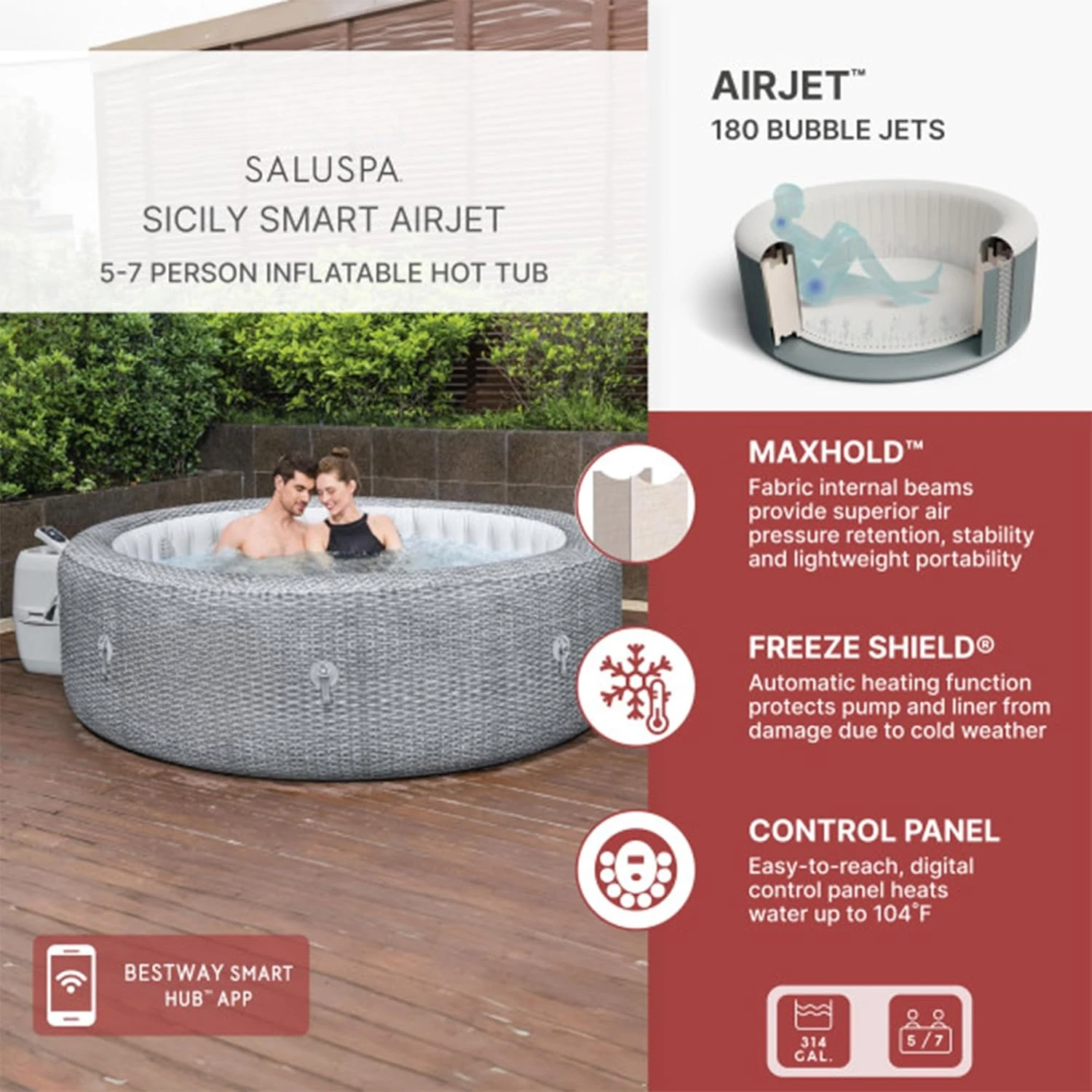 SaluSpa Sicily AirJet 7 Person Inflatable Hot Tub Round Portable Outdoor Spa with 180 Soothing AirJets and Insulated Cover, Gray