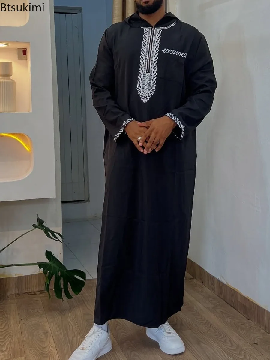 2025 Men Muslim Jubba Thobe Patchwork Striped V Neck Long Sleeve Caftan Dubai Robe Vintage Islamic Arabic Men Kaftan Men's Gift