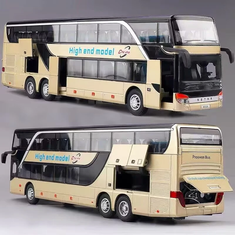 Luxury Electric Airport Business Bus Alloy Car Model Diecast Simulation Metal City Tour Bus Model Sound and Light Kids Toys Gift