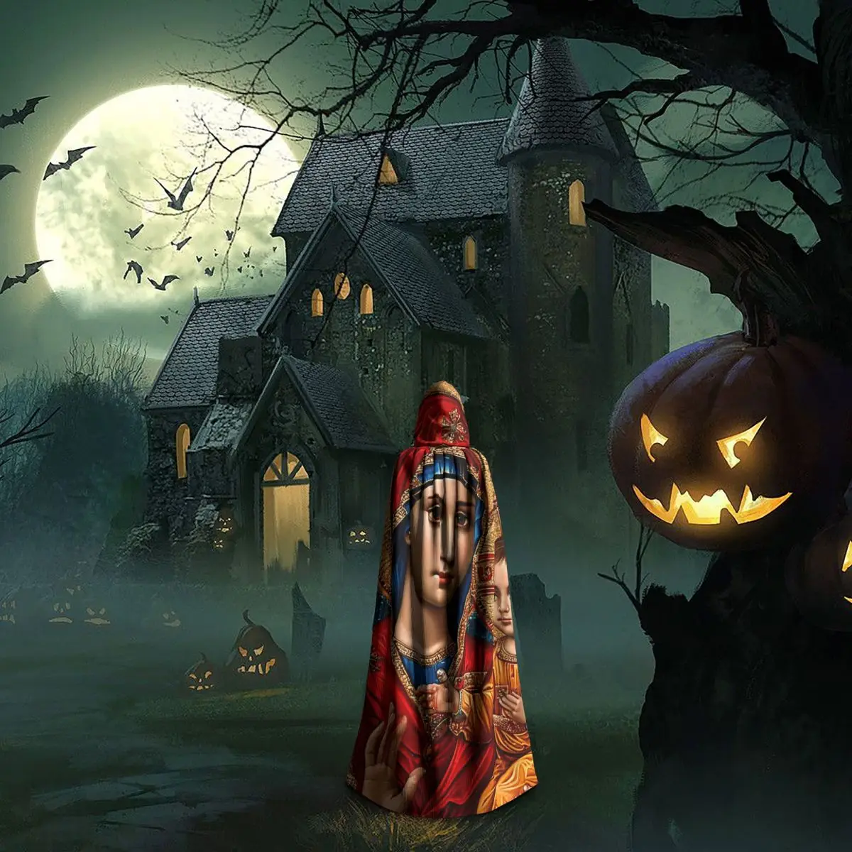 เสื้อคลุมยาวแบบมีฮู้ดสไตล์ยุโรปตะวันออก ลายพระแม่มารี สำหรับคอสเพลย์แม่มดยุคกลาง เสื้อคลุมฮาโลวีน สำหรับผู้ใหญ่ แบบ unisex