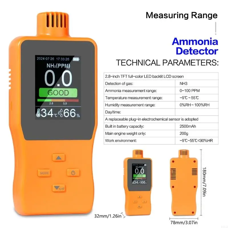 2025 Nieuwe Ammoniakgasdetectoren NH3 Gasanalysatoren Meter Tester 0-100PPM Geluid Licht Alarm