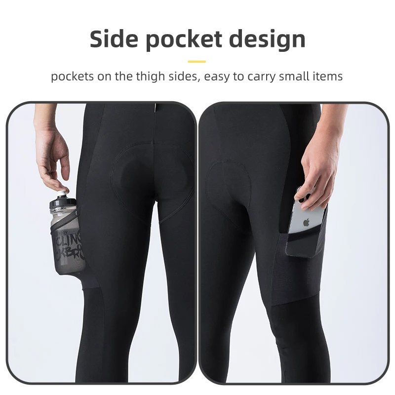 ROCKBROS Men\'s Cycling Straps Trousers Seamless Women Autumn Warm Breathable Bicycle Clothes Side Pocket Pad Road Bike Bib Pants