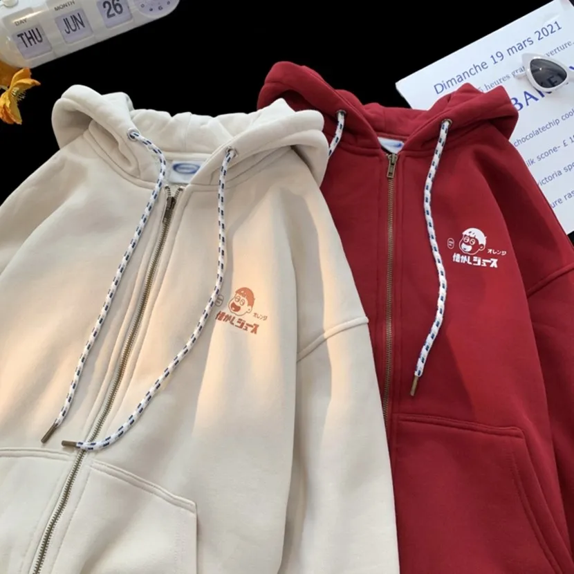 

Men's Hooded Sweatirt Lamb Velvet Fce Lined Thiened Autumn Spring Casual Wear Faionable Couple Outfit Zipper Closure