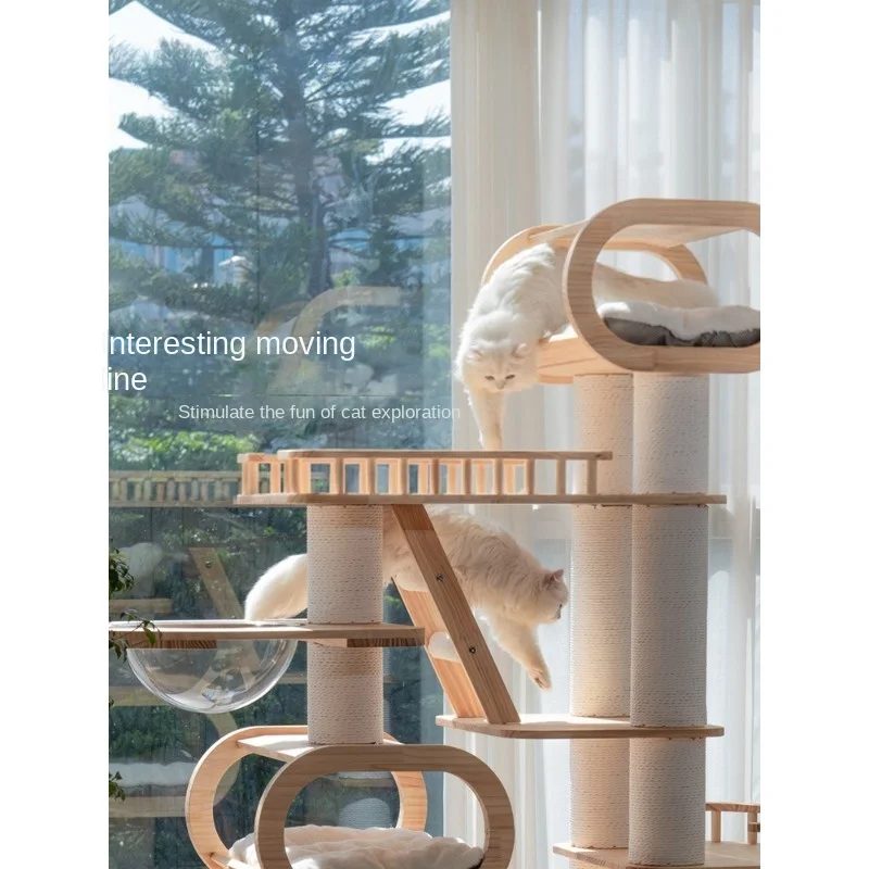 Large Wooden Tree Tower for Cat, Multiple Hamocks Toys, Scratcher, Condo Training, Pet Products, Home Decoration