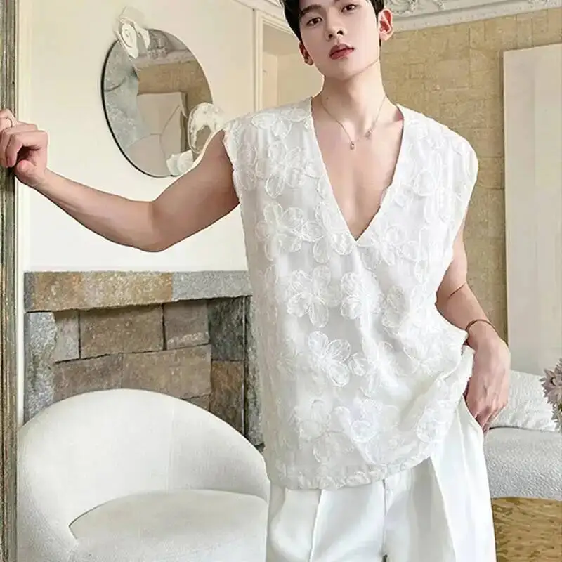 New Trendy Three Dimensional Floral Vest Top Stylish Deep V Neck Sleeveless Tops Summer Fashion Loose Clothing 94U7