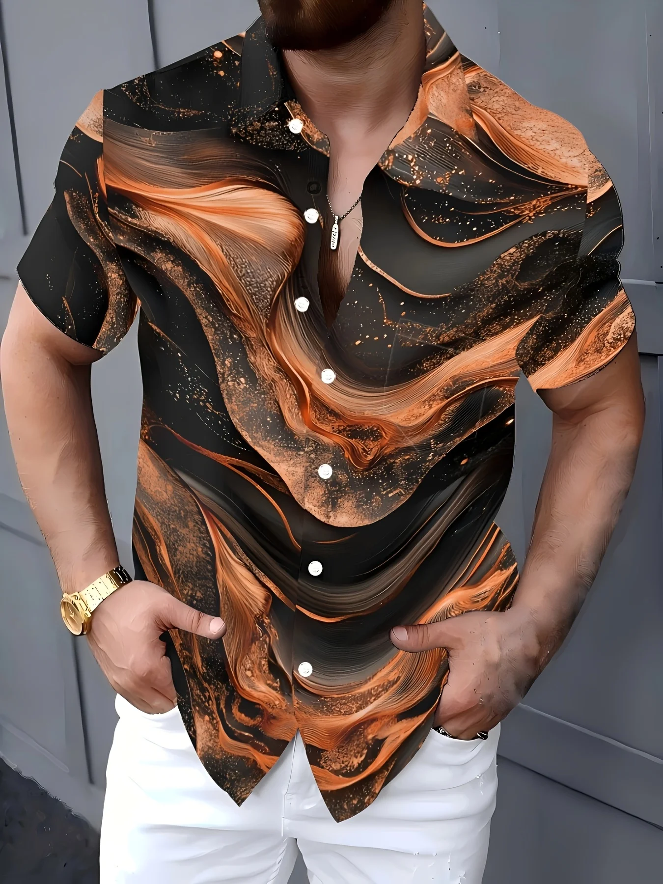 Hawaiian Iridescent Gold-Plated 3D Pattern Men's Shirt, Beach Shirt, Summer Button-Down Collar Quick-Drying Short-Sleeved Shirt.