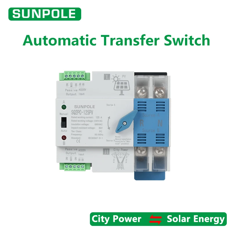 Din Rail ATS Dual Power Automatic Transfer Electrical Selector Switches Uninterrupted 2P 3P 4P 125A Photovoltaic inverter type