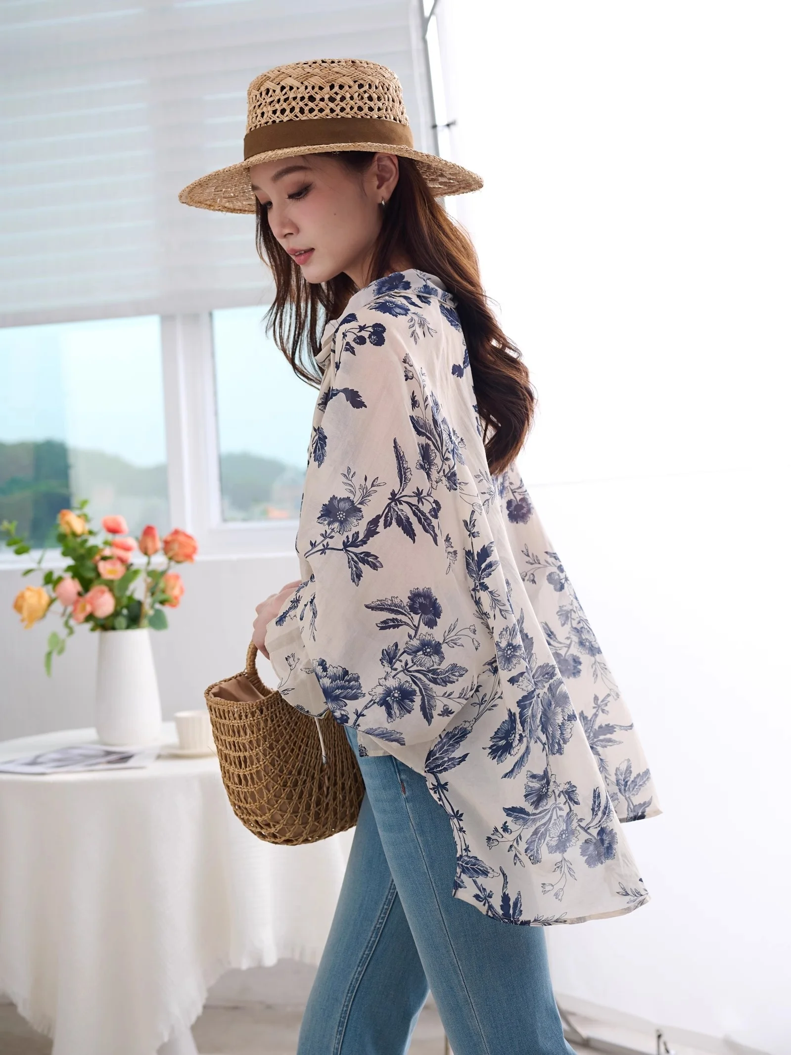 

Женская блузка JPOO из шелкового хлопка с цветочным принтом, длинными рукавами-фонариками, дышащая и комфортная