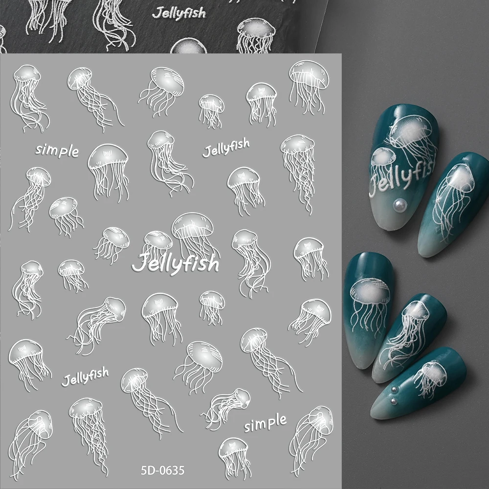Pegatinas de medusas en relieve 5D para uñas, calcomanía artística de medusas blancas con purpurina de vida oceánica, 8x10cm, suministros autoadhesivos para uñas de medusas