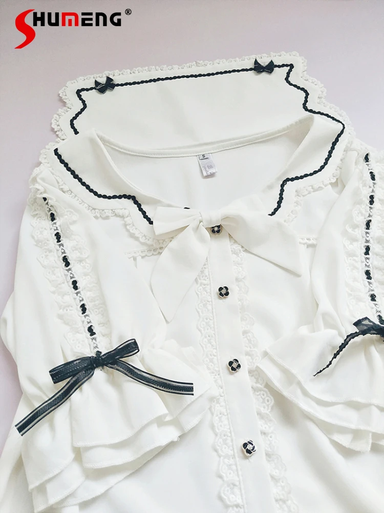 

Japanese Sweet Lolita Girl Lace-up Bow Ruffled Sailor Collar Short Sleeve Single Breasted Chiffon Innerwear Shirt Blouse Women