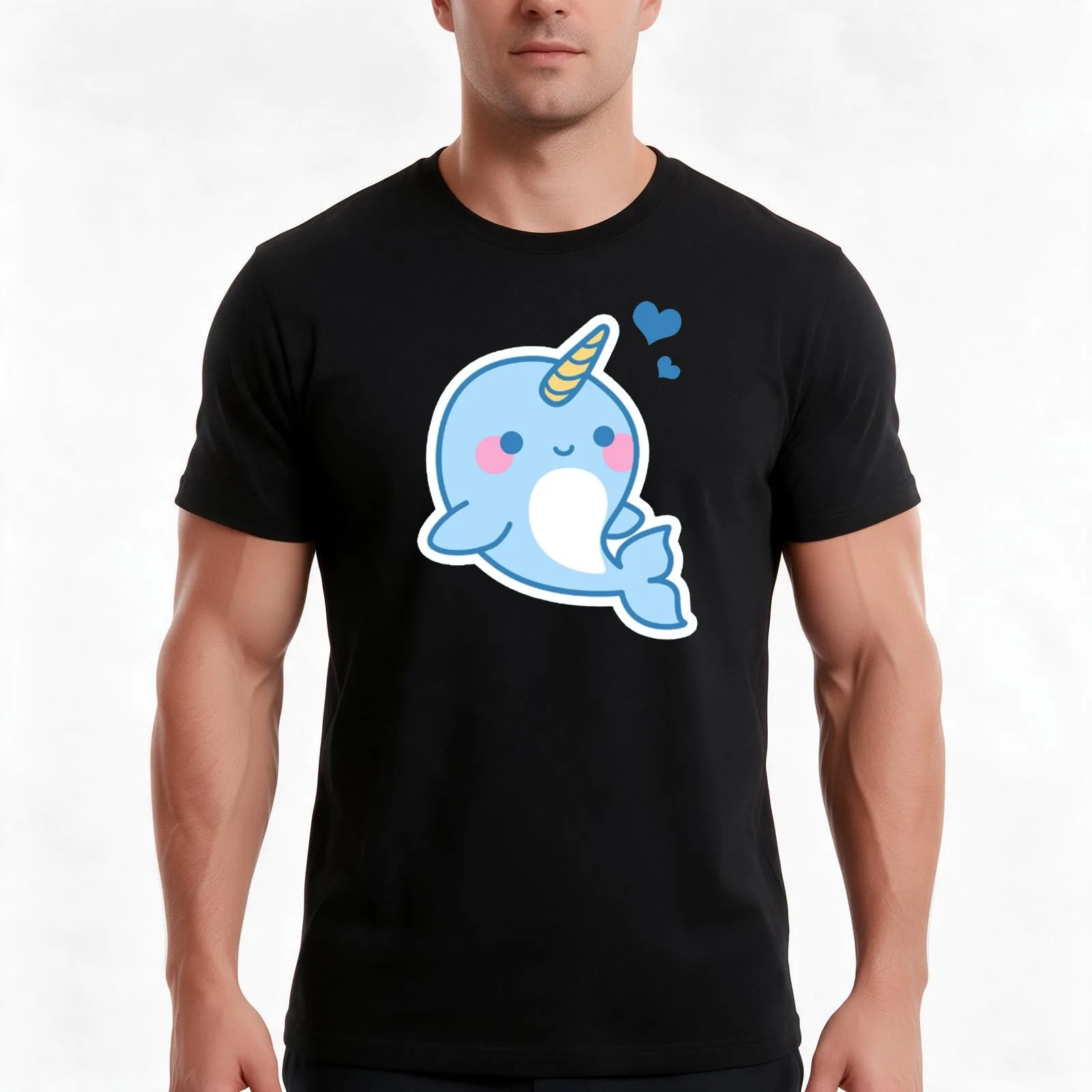 narwhal kawaii T-Shirt, Summer Casual Cotton Tee, Oversized Streetwear Tops, Vintage Graphic Print, Loose Fit Short Sleeve