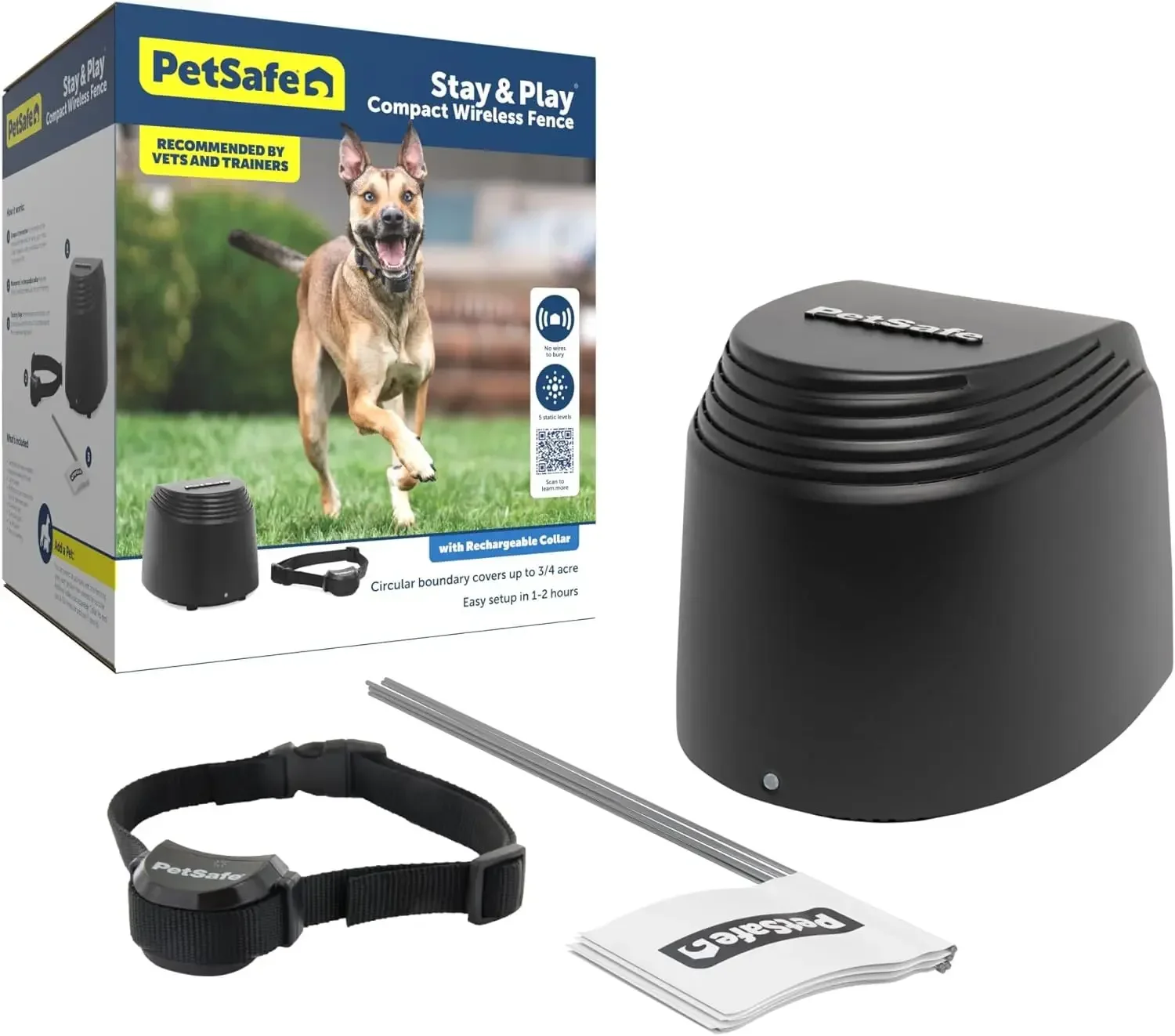 Stay & Play Compact Wireless Pet Fence, No Wire Circular Boundary, Secure up to 3/4 Acre, No-Dig Portable