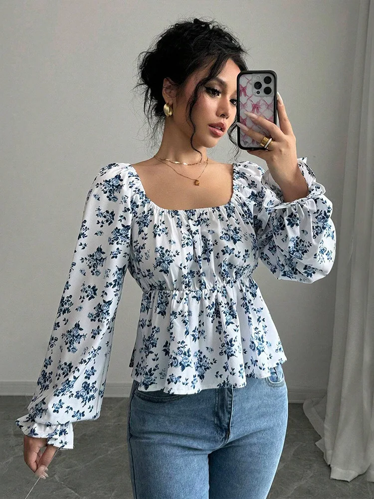 

Sweet Style Long Sleeve T-Shirt Bubble Sleeve Square Collar Floral Print Women's Fashion Cross-Border Top for Autumn Winter