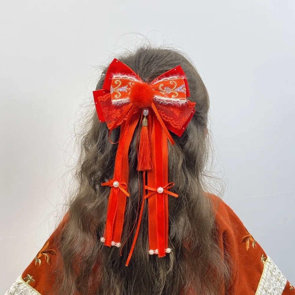 

Holiday Red Bow Ribbon Hair Clip Ribbon Tassel New Year Hairpin Princess Chienes Style Hanfu Hair Ornamen Home