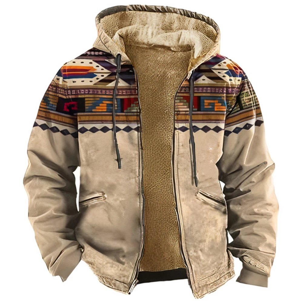 

Men's Winter Jacket Vintage Fleece Male Coat Warm Hoodies For Men Tribal Ethnic Print Holiday Outerwear Chamarras Para Hombre