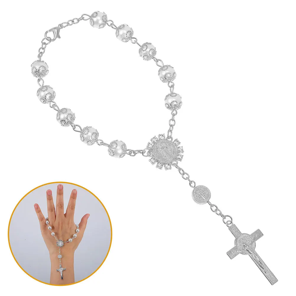 

2Pcs Christian Cross Rosary for Car Mirror Gold and Silver Lace Design Imitation Pearl Auto Interior Decoration