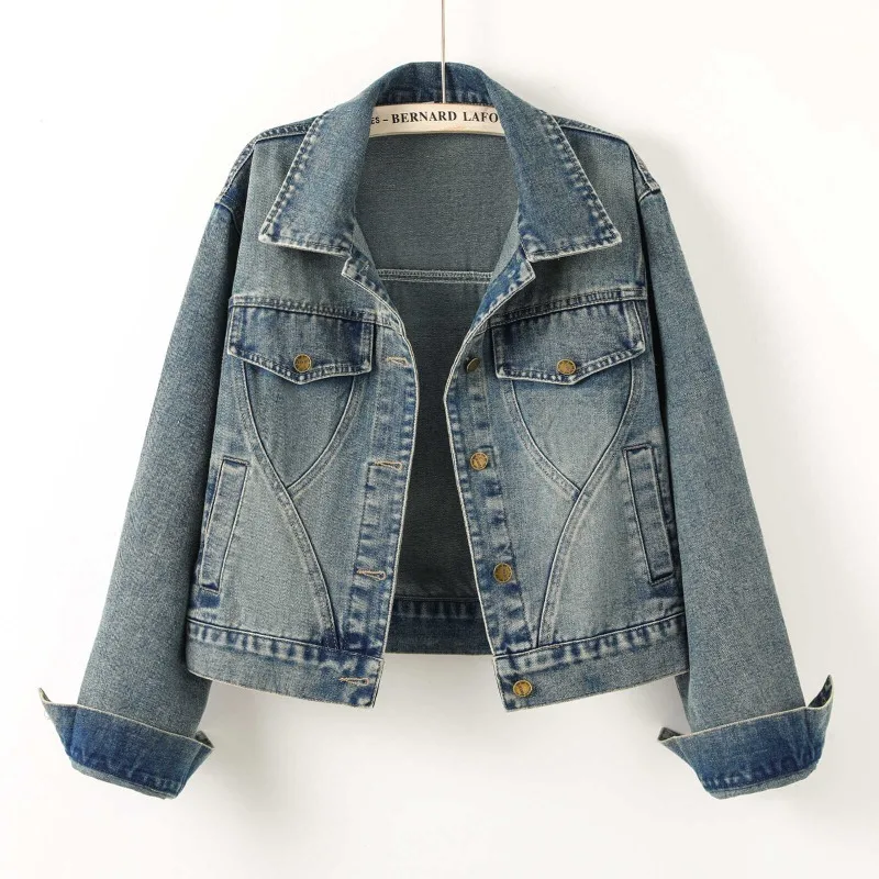 Washed Vintage Denim Coat Korean Style Loose Fit Unique Seam Design Lapel Long Sleeve Casual Trucker Women's Jacket Outerwear