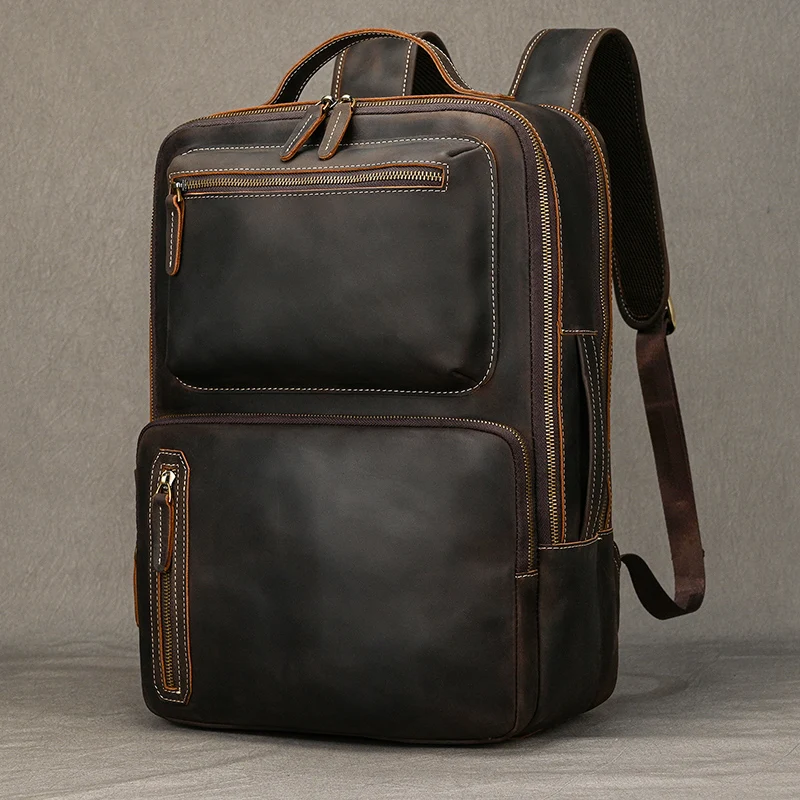 Double Layer Genuine Leather Backpack Bag For Men Male Real Cowhide Leather Backpacks For Man Laptop Bag School Bag Vintage Bags