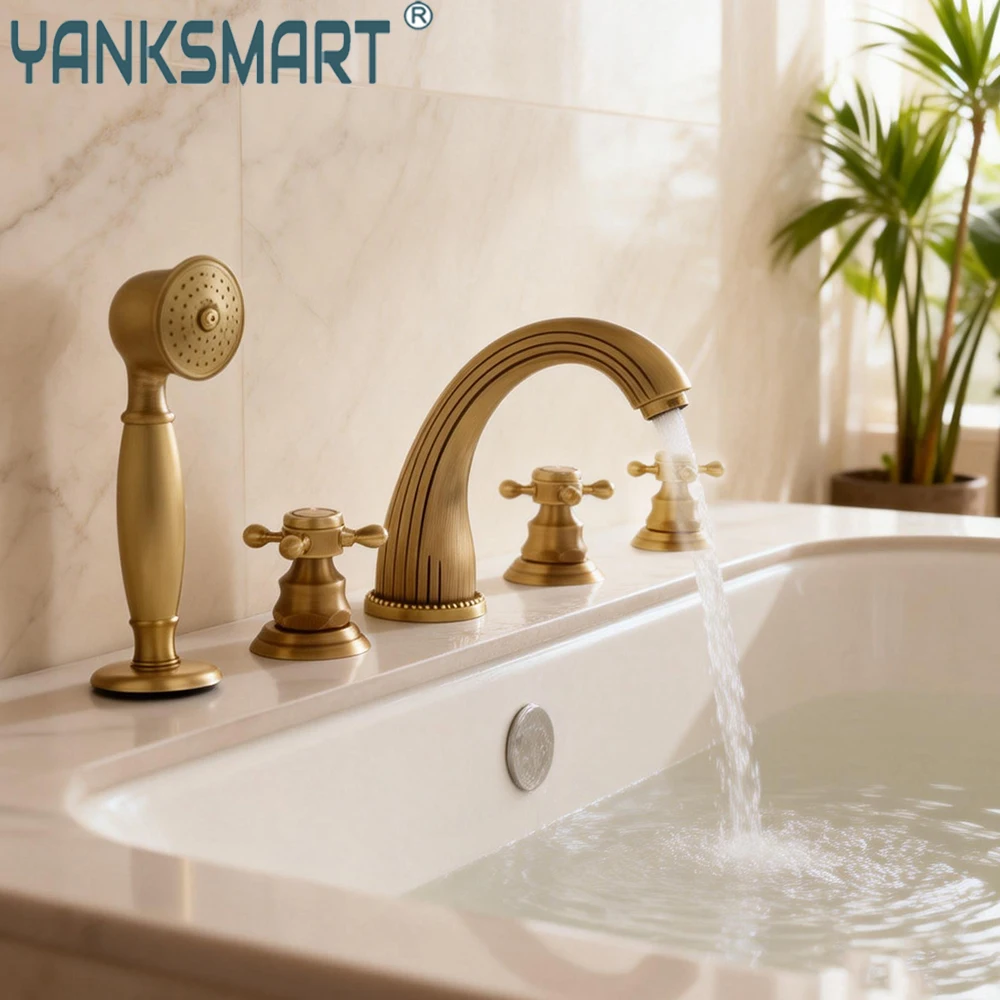 

Torayvino античный латунный смеситель для ванны, душ для ванной комнаты, крепление на палубе, 3 ручки, смеситель для водопада, смеситель для воды, комбинированный комплект