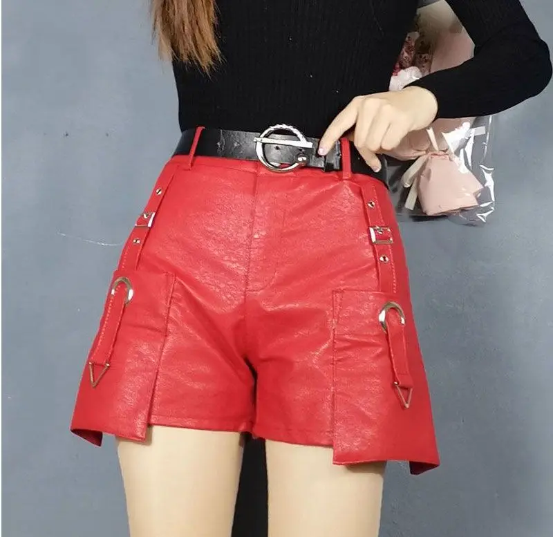 Korean Style Belt Buckle High-waisted Shorts 2026 Women Spring Summer Wide Leg PU Leather Shorts High Street Motorcycle Shorts
