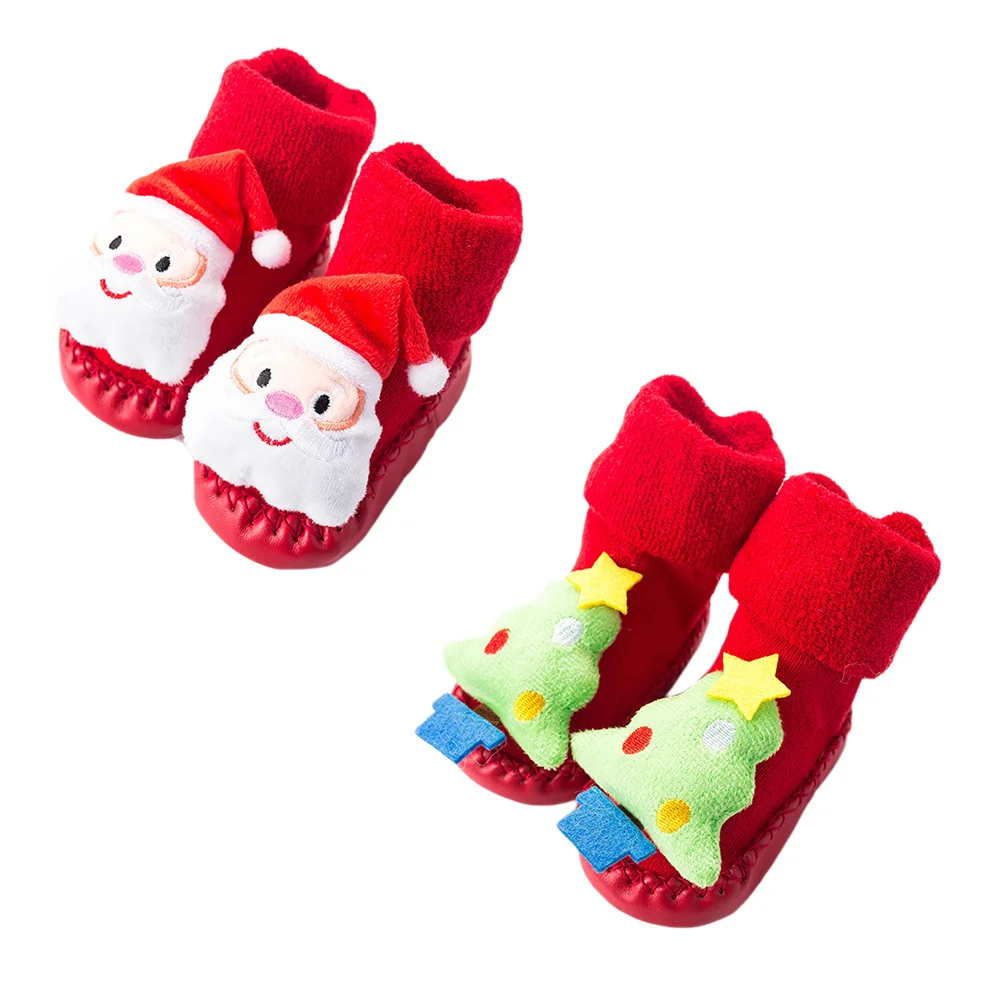 

2Pairs Adorable Baby Socks with Cartoon Design Christmas Gift Anti-Skid Cotton Socks for Infants Daily Use Floor Sock