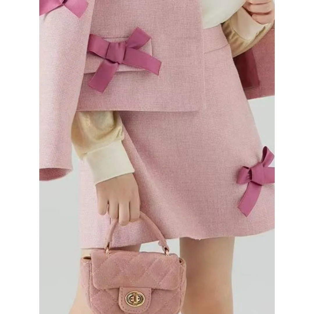 2026 New Sweet Pink Bow Girls' Small Fragrant Coat Short Skirt Fashion Autumn Girls' Two Piece Set