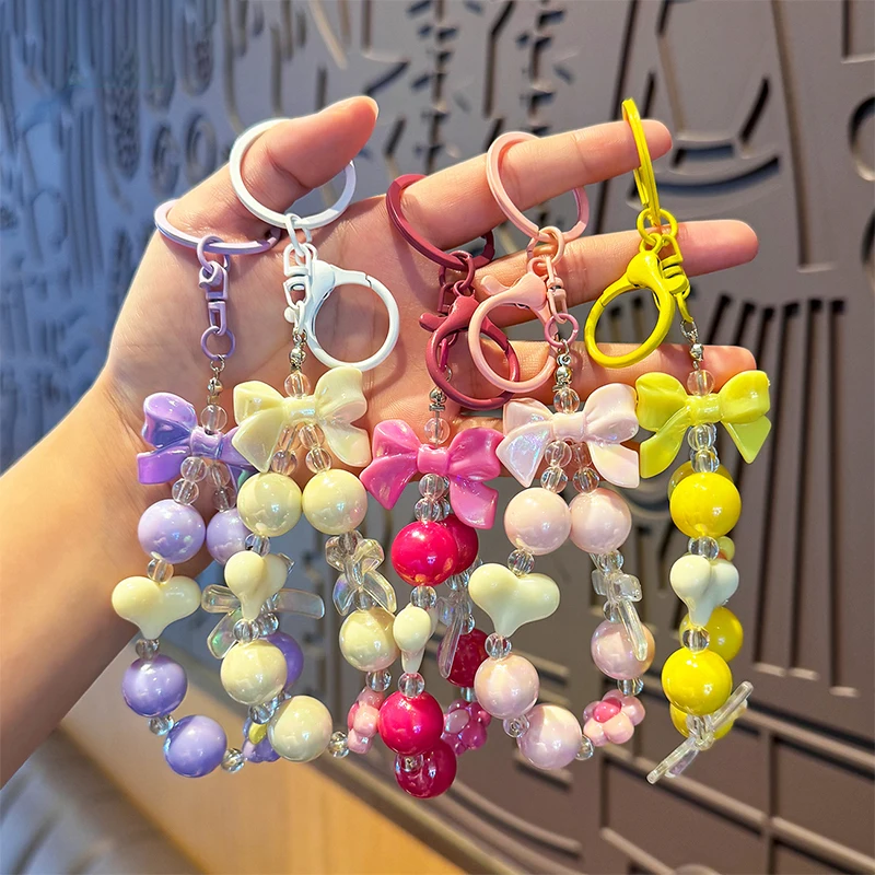 Candy Colors Beads Phone Chain Sweet Bowknot Keychain Pendant Wrist Strap Bag Decor Car Keyring