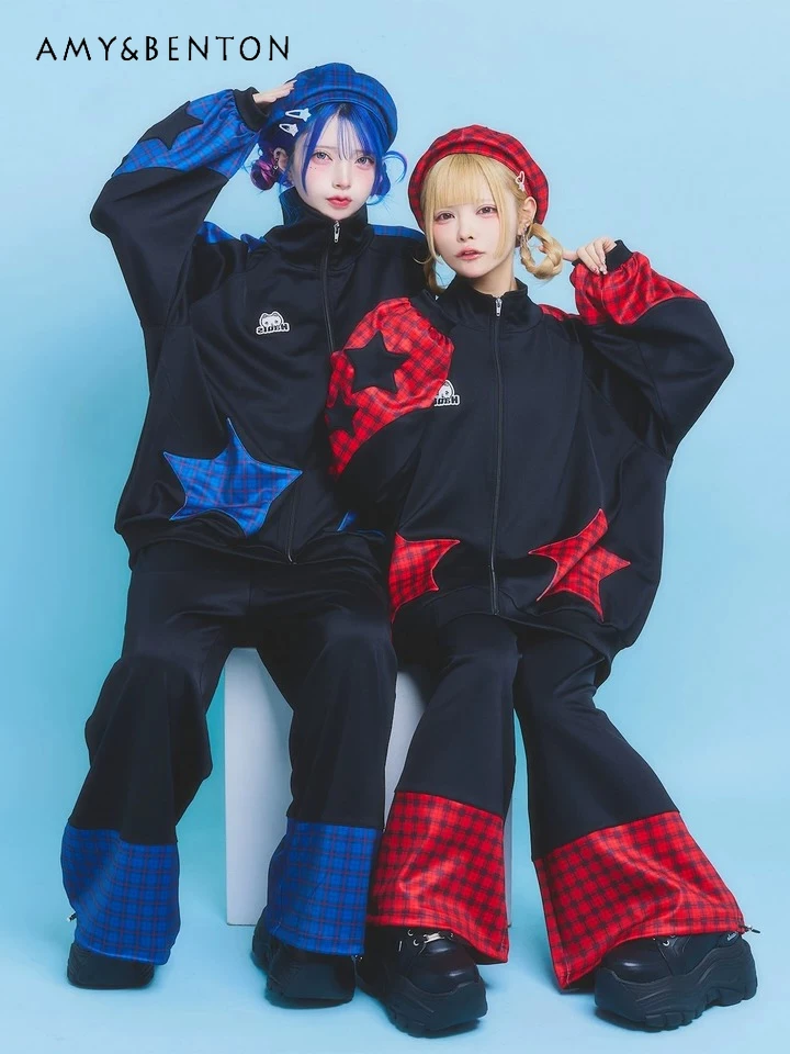 

Japanese Harajuku Style Splicing Color Gothic Leisure Sports Suit Plaid Splicing Oversized Zipper Jacket Trousers Two-piece Set