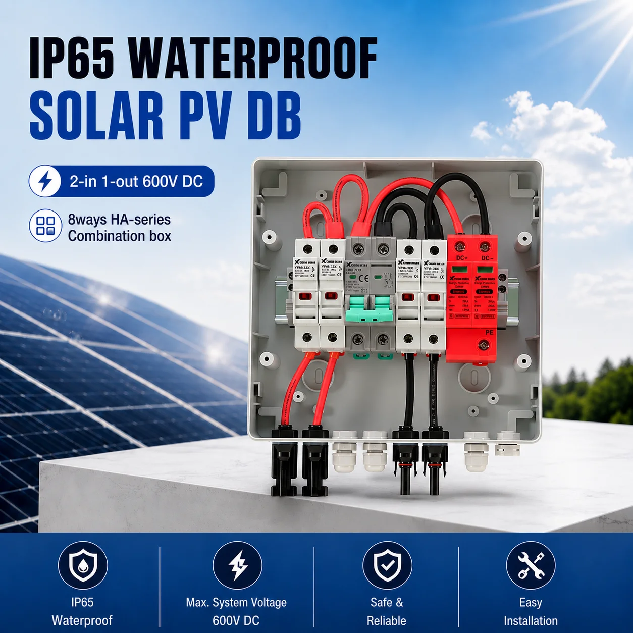 

1 PCS Solar photovoltaic PV DC Combiner Box Surge Lightning Protection 600V 2 input 1 out Fuse MCB SPD DB Waterproof Box IP65