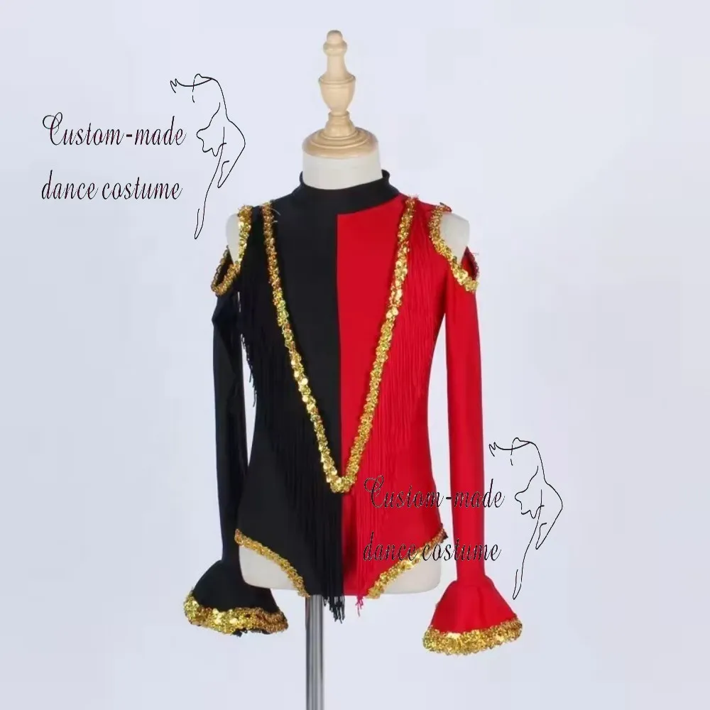 

Tassel Spandex Dance Leotard in Red and Black Latin Style with Gold Sequins for Stage Performance and Jazz Dance