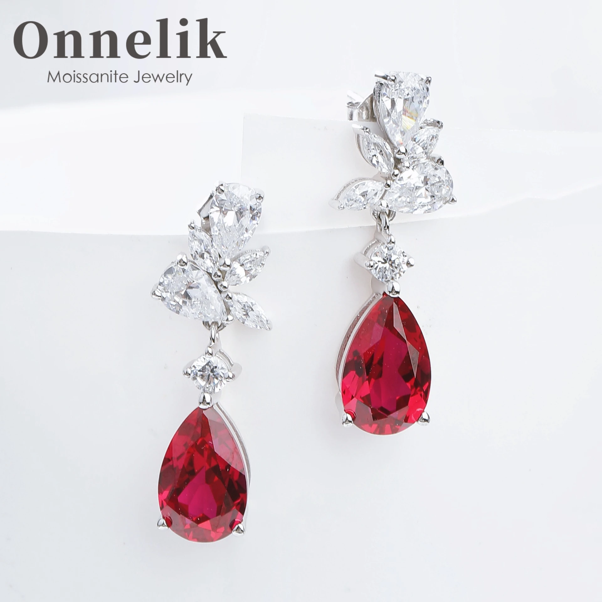 

Onnelik 3CT Lab Grown Ruby Earrings 100% 925 Sterling Silver Ruby Earrings inlay Moissanite for Women Party Fine Jewelry