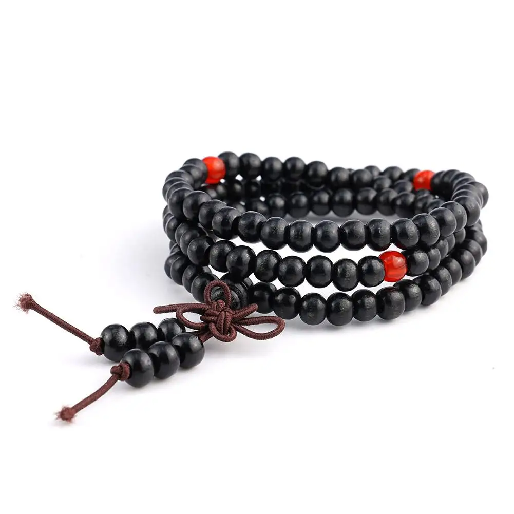 Chinese Style Small Leaf Red Sandalwood Buddhist Beads String Necklace Multilayer Lacquer Women Men Rosary Bracelet Beads Knot