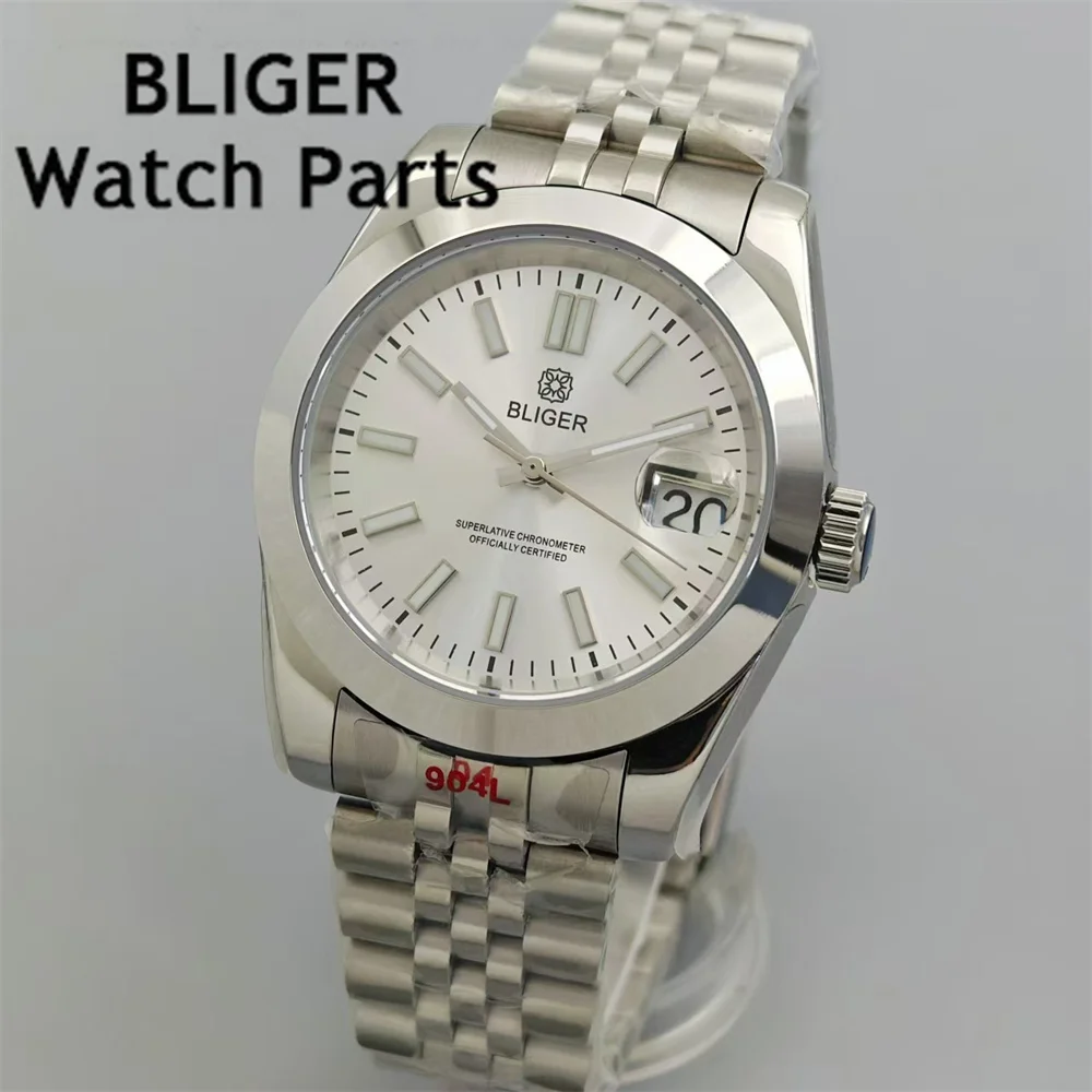 BLIGER 36 мм/39 мм мужские часы NH35 автоматический механизм с фиксированным наклонным безелем белый циферблат сапфировое стекло зеленый светящийся стальной ремешок