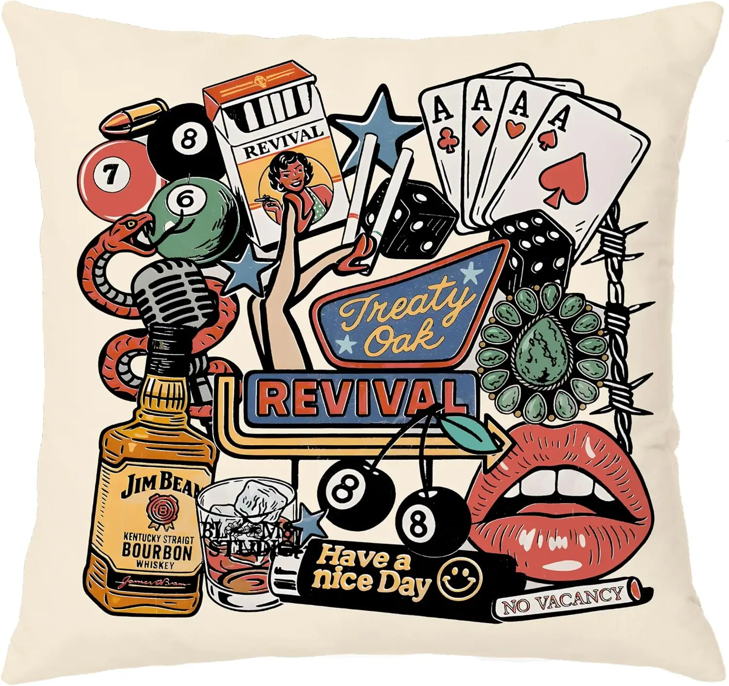 Retro Americana Game Night Pillowcase Jim Beam Bourbon Whiskey Throw Pillow Cover Dice Cards Vintage Fun House Decor