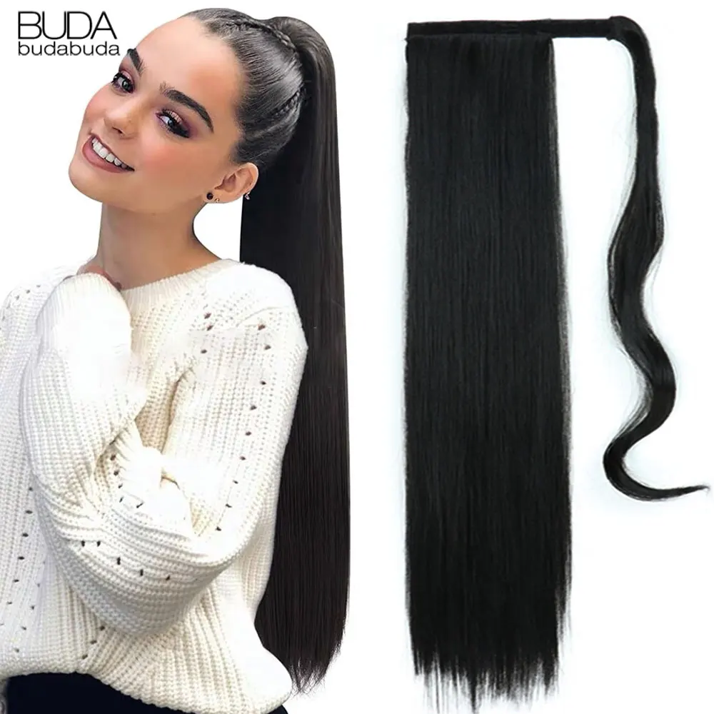 Synthetic Long Straight Wrap Around Ponytail Clip In Hair Extensions 22 Inch for Women Heat Resistant Horsetail Hairpiece Black