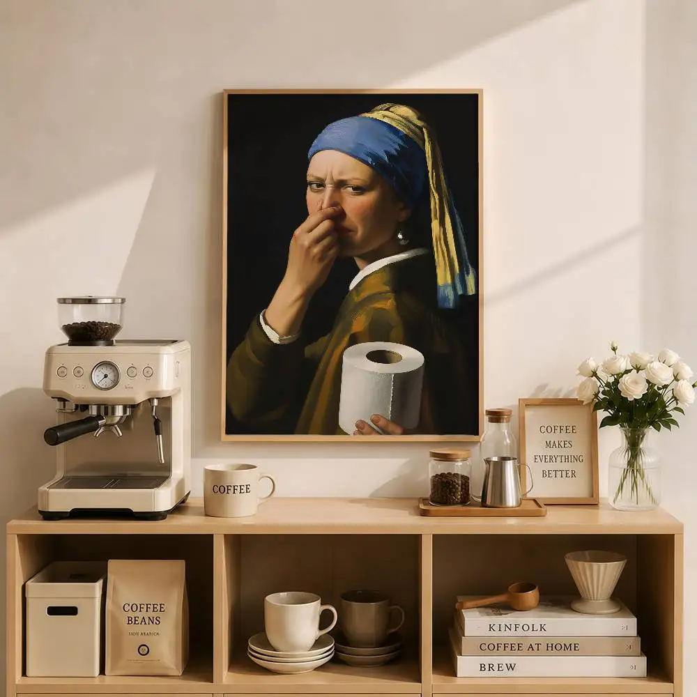 Funny Bathroom Toilet Roll Paper Girl With A Pearl Earring Mona Lisa Posters Wall Art Retro Painting Home Room Dorm Wall Decor
